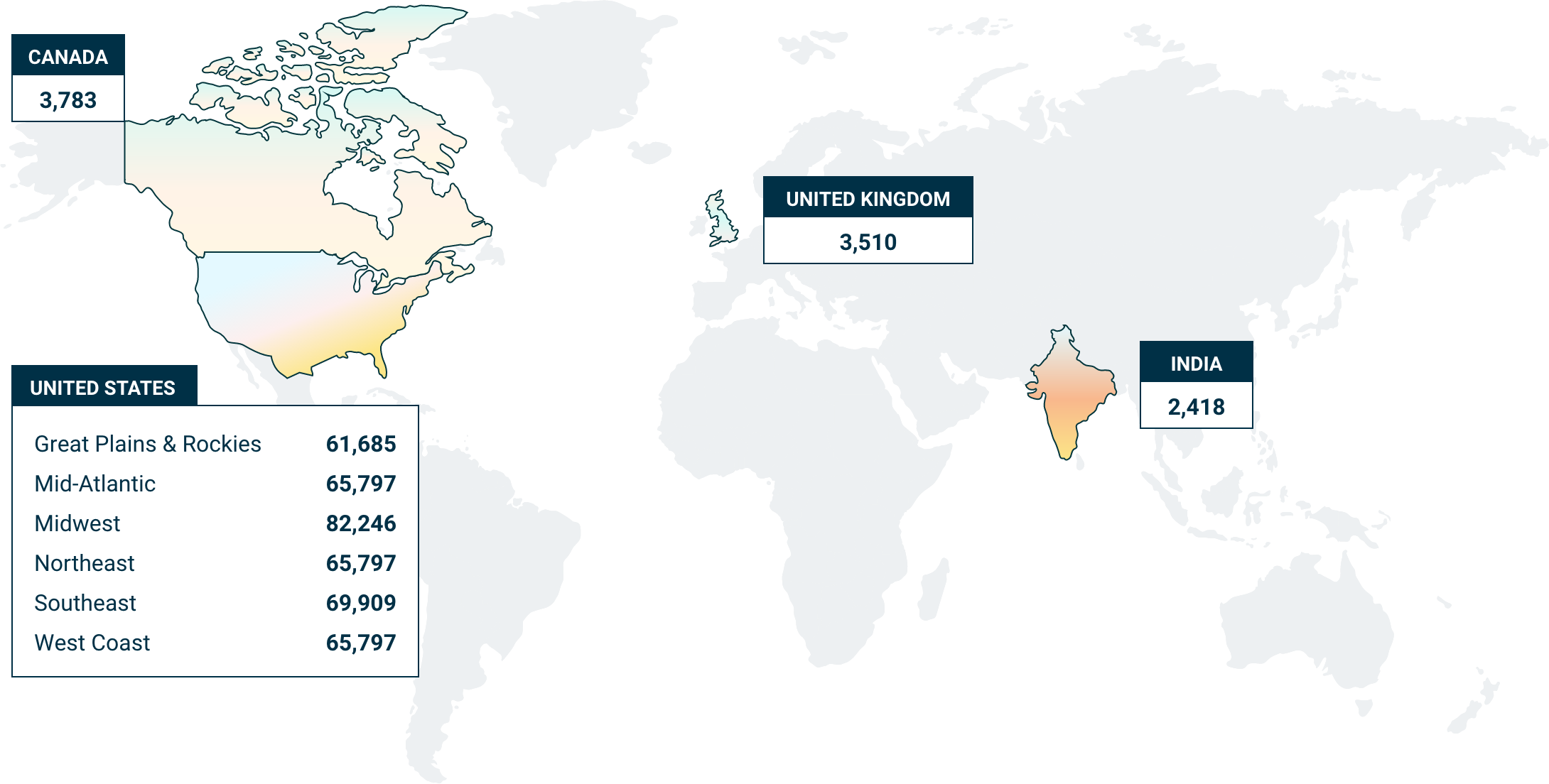 Map of Students Reached by Programs in the U.S., Canada, India, and the U.K.